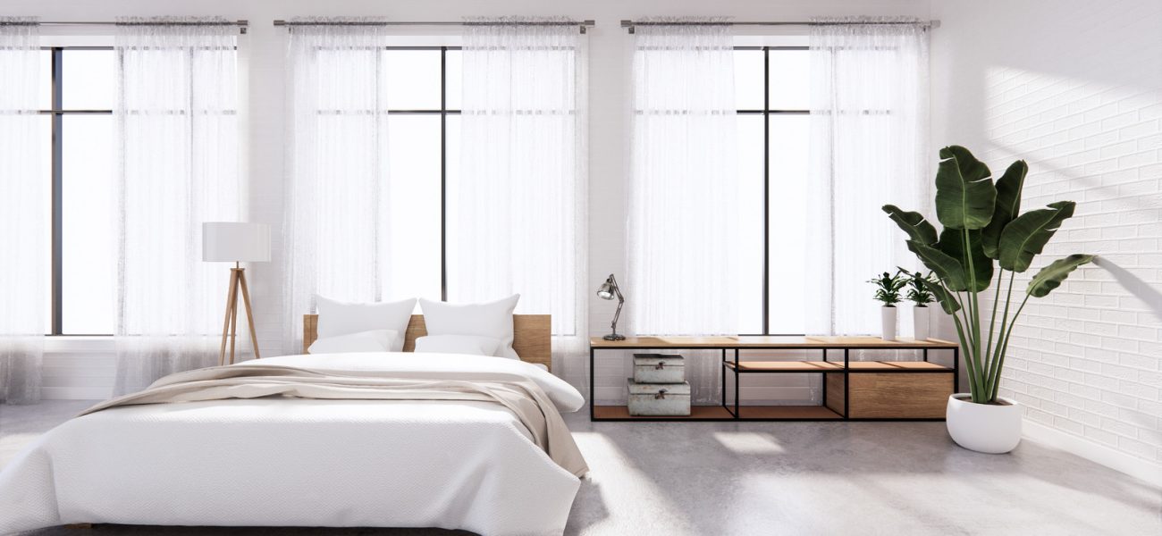 Bedroom interior loft style white wall brick. 3D rendering